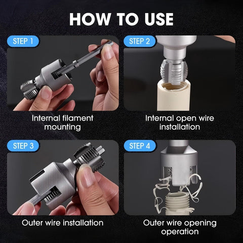 Instructions for using Dual Function Pipe Threading Tool Set For One Half And Three Quarter Inch Pipes With Internal And External Threads Integrated Cutting Electric Drill Compatible PVC Water Pipe Threader Kit Two Piece Set shown in four steps.