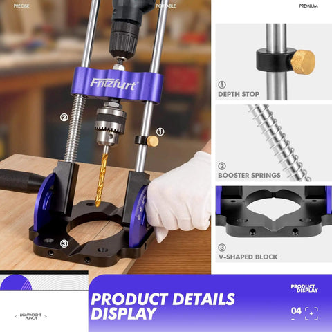Heavy-Duty Portable Drill Guide With 0-60 Degrees Adjustable Angled Jig, self-centering for straight or angled holes, in use
