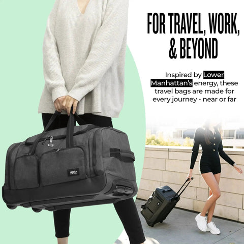 Go-To Rolling Duffle For Travel With Wheels 49L Capacity Carry-On Ready At 12 X 22 X 12 Inches Solo New York Leroy Gray with handle