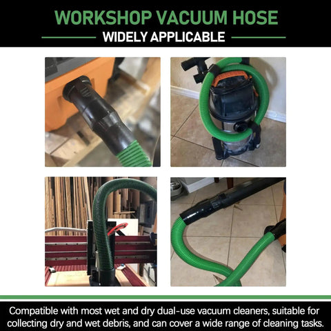 Replacement Vacuum Hose Kit Two And One Half Inch By Seven Feet Dual Flex Locking Shop Vac Hose with Six Fittings for Wet Dry Vacuum Cleaners Fits Most Vacuums Easy Connect No Fuss Heavy Duty Flexible shown in workshop use