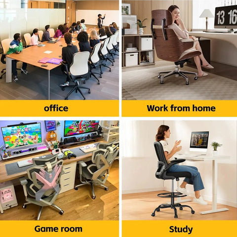 Collage of different chair setups for office, work from home, gaming room, and study environments with various chair types.
