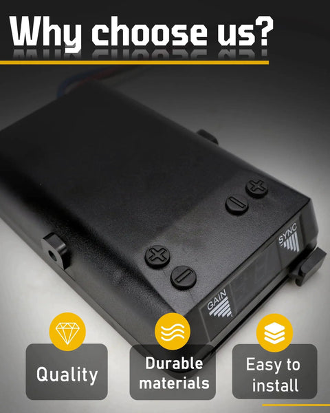 Top-front view of black plastic brake controller unit with gain and sync labels and plus/minus buttons