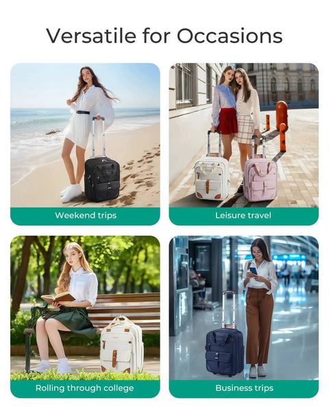 Various scenes showing women using Underseat Carry On Luggage With Wheels For Women Sixteen Inch Lightweight Softside Carry On Bag