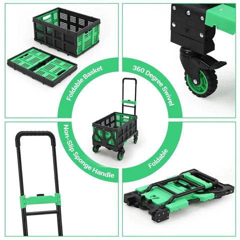 2 In 1 Folding Hand Truck With Foldable Basket For Luggage And Groceries, Convertible Dolly Cart With 4 Wheels And Retractable Handle, 330 Lb Capacity, Portable Utility Cart For Travel, Shopping, Home, And Warehouse, Green, showing foldable basket and swivel wheels