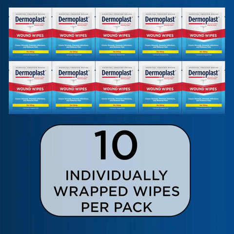 On The Go Medicated Wound Wipes With Sting Free Formula For Minor Cuts Scrapes And Burns Dermoplast Medicated Antiseptic Wipes Individually Wrapped First Aid Cloths For The Whole Family Safe For Kids Ages Two And Up 10 Count packaging