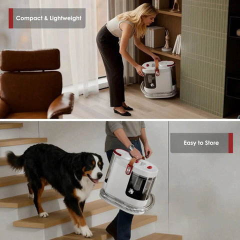 Person using Portable Upholstery And Carpet Cleaner With 15KPa Suction And 500W Motor, Three Tool Attachments, Red, on shelves
