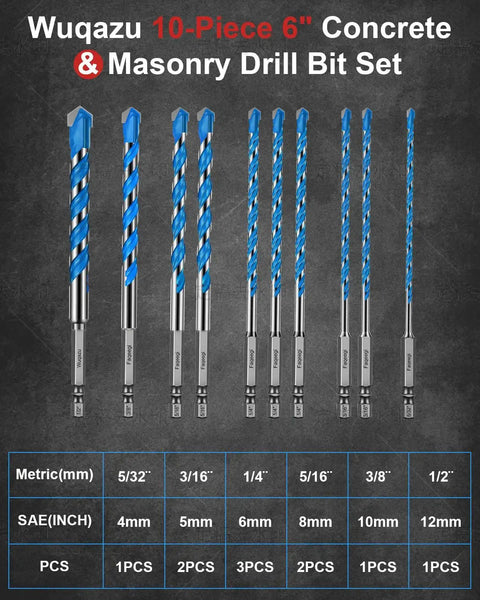 Pro Grade Masonry Drill Bit Set Ten Pieces Shockproof Six Inch Carbide Hex Shank For Concrete Tile Brick Cement Glass Includes Sizes From Five Thirty Second Inch Through One Half Inch Ideal For Home DIY Projects displayed in varying sizes.