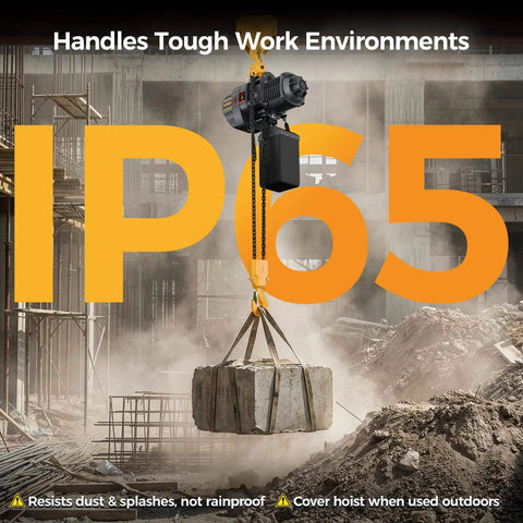 Shop Ready Electric Chain Hoist With 2200 Lb Capacity in construction site, IP65 rated, lifting concrete slab with chain.