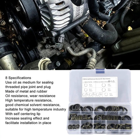 Heavy Duty 110 Piece Metal Bonded Oil Seal Washers Kit With High Temp Rubber O Rings and Storage Box next to engine parts