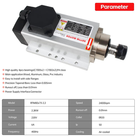 Square Two Point Two Kilowatt 220V Air Cooled CNC Spindle Motor Kit With ER20 Collet And VFD Drive, shown with specifications and features.
