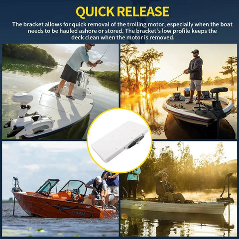 Quick Release Trolling Motor Mount Bracket For Ulterra Terrova PowerDrive V2 Riptide ST SP Deckhand 40 shown on various boats.