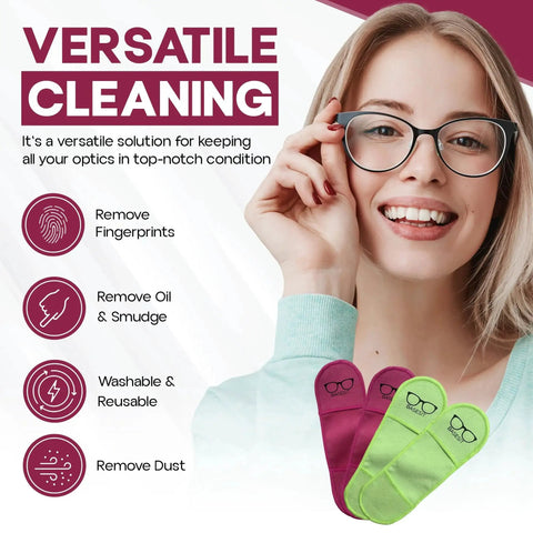Young woman holding eyeglasses with Four Pack Microfiber Eyeglass Cleaning Cloths Rose And Green Clean Lenses displayed.