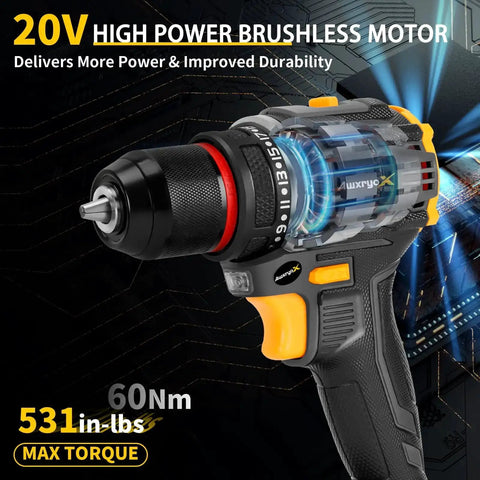 Close-up of Brushless 20V Cordless Drill Set with transparent section showing internal motor, 531 in-lb torque displayed.