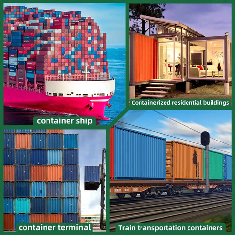 Collage of container ship, container terminal, train transportation containers, and containerized residential buildings