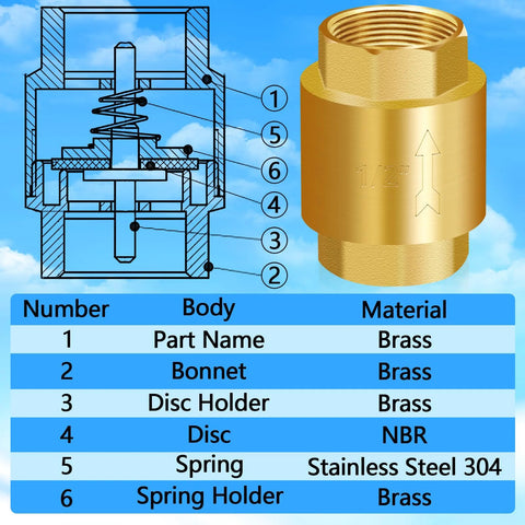 Boltigen 2PCS solid brass spring check valve, 1/2 in NPT female, inline water valve with cross-section diagram