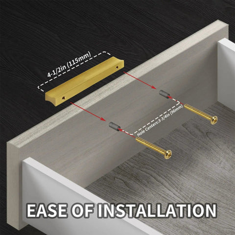 Installation diagram of 2 Pack Solid Brass Cabinet Handles In Brushed Gold Finish Modern Kitchen Hardware with measurements