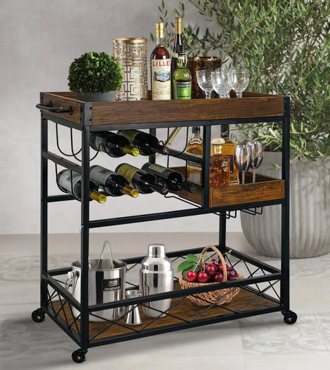 Bar cart by Amazon; black metal frame, wood shelves, 3-tier storage with wine rack and glass holders on casters.