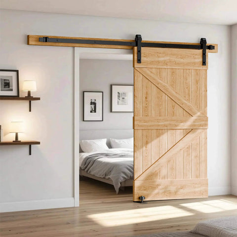 Wooden barn door with Sliding Barn Door Floor Guide With Adjustable Stay Roller For All Door Sizes Wall Mount Hardware Kit in black