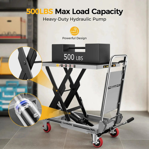 Hydraulic Lift Table Cart 500 Lb 28.5 Inch Lift Foldable Handle Safety Guard in warehouse setting with load capacity and pump detail.