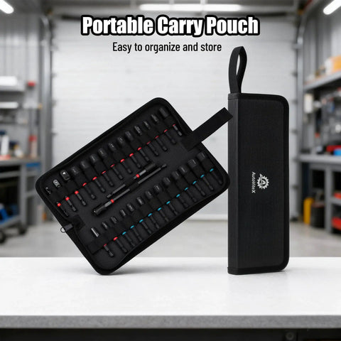 29-Piece Magnetic Nut Driver Set With 1/4 Inch Hex Shank SAE And Metric in carry pouch on workbench