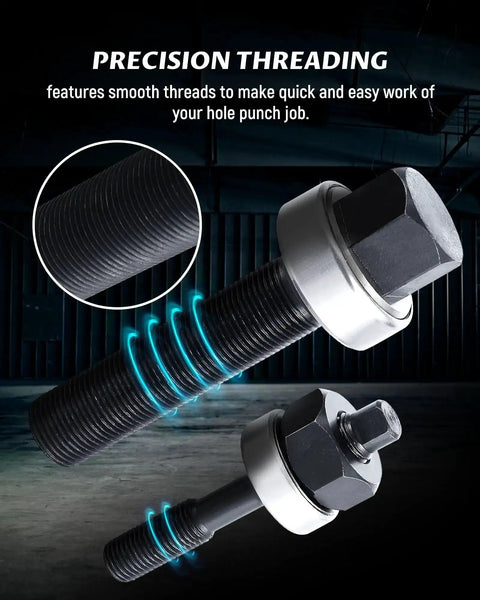 Close-up of precision threading on a bearing bolt from Heavy Duty Metal Knockout Punch Kit With Four Dies And Two Bearing Bolts