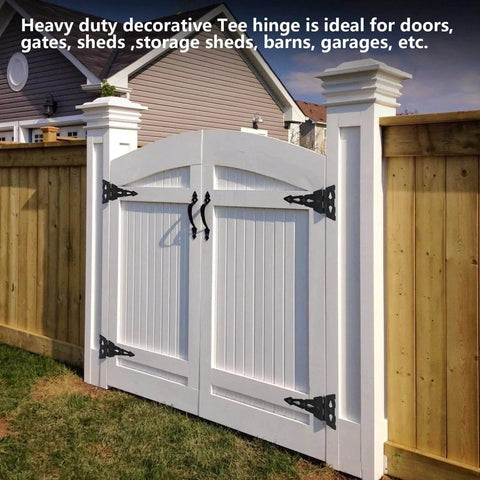 White gate with 8 Inch Heavy Duty Decorative T Hinge For Sheds Gates And Barn Doors With Included Screws Black Finish 4 Pack.