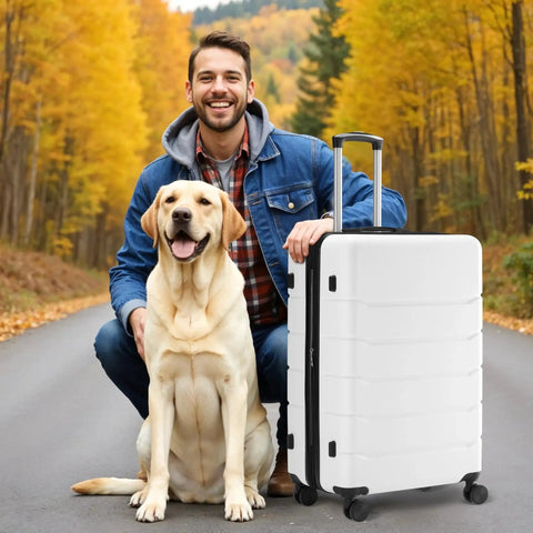 Man with dog beside 20 Inch Hardside Carry On Luggage With Double Spinner Wheels And TSA Lock Expandable Hard Shell in white on road.
