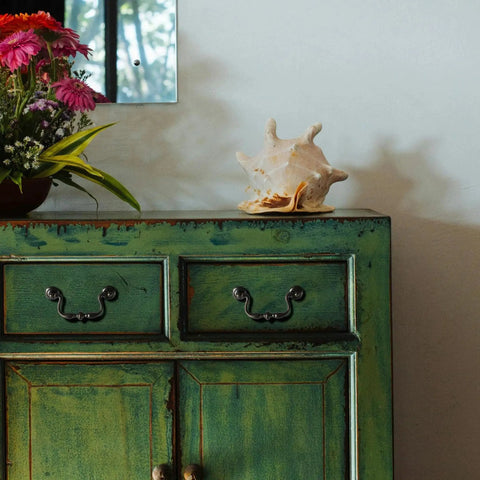 Green dresser with Oil Rubbed Bronze Drop Bail Drawer Pulls 4 Pack 4 Inch Center To Center Colonial Style Cabinet Handles installed