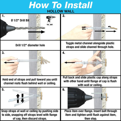 Illustrated installation guide for Heavy Duty Drywall Toggle Bolt Three Sixteen Inch 24 UNC Zinc Plated Anchor for Hollow Walls Plaster and Tile.
