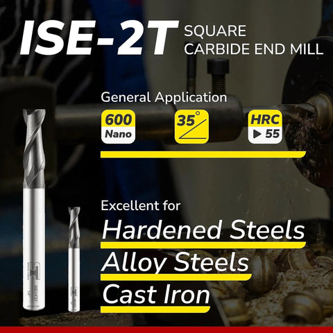 Product image of Micrograin Carbide Square End Mill 2 Flute ISE One Eighth 2T Set of 5 Milling Bits for DIYers and Pros for Alloy Steels Hardened Steel Cast Iron with AlTiBN Coating and High Precision Metalworking, showing milling bit and application details.