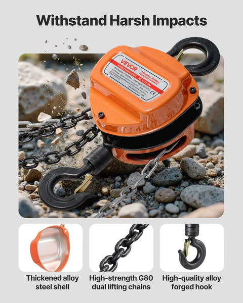 Close-up of 1 Ton Hand Chain Hoist with 10 ft Lift, G80 Chain, heavy-duty orange housing, and hooks, suitable for warehouse use.