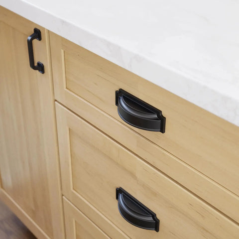 Matte Black Cabinet Handles Set Of 10 Notched Backplate Drawer Pulls for kitchen cabinets on wooden drawers.
