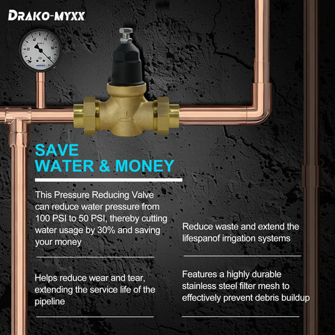 Drako-Myxx NR3XL 1-inch pressure reducing valve with double union FNPT, stainless steel screen, home water regulator