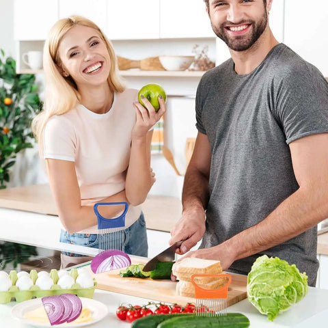 Couple using Four Piece Onion Holder And Slicer Set For Safe Mess Free Prep, Stainless Steel Onion Cutter Chopper in kitchen