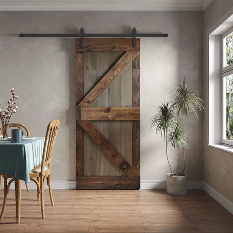 36-Inyʂch By 84-Inch K Series Multi Color Knotty Pine Sliding Barn Door With Hardware Kit Smoky Gray Kona Coffee Finish Hand Made In USA Unassembled Panels With Pre Drilled Holes For Quick Assembly And A Quiet Smooth Track installed in dining room