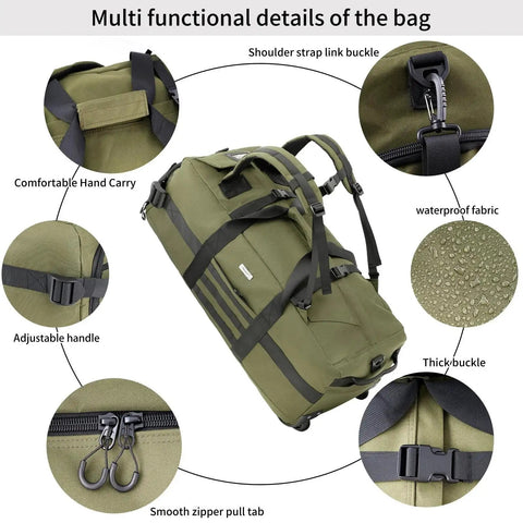 80L Rolling Duffel Bag With Wheels For Travel Large Wheeled Luggage Foldable Green details including zippers and buckles