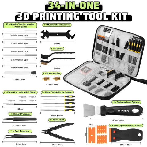 All In One 3D Printer Tools Kit 34 Pieces For FDM And SLA Printers includes tools, nozzle cleaning needles, scrapers