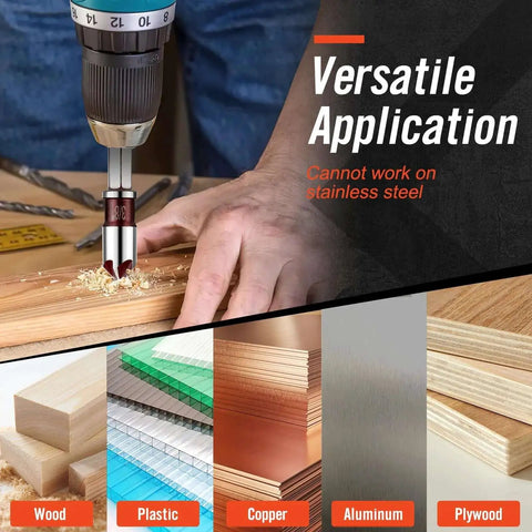 Pro Grade Countersink Drill Bit Set For Wood Metal Plastic With 82 Degree Countersink shown in use on wood surface.