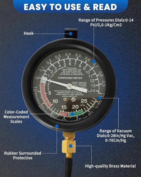 Close-up of Universal Vacuum Gauge For Cars And Trucks Engine Diagnostics Kit with pressure and vacuum dials on blue background