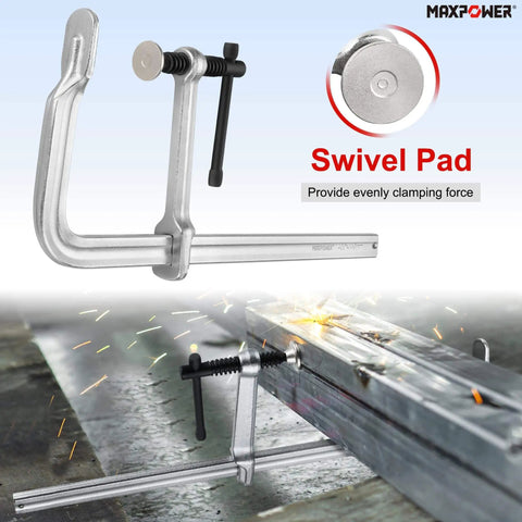 Deep Throat F Clamp For Welding Heavy Duty Bar Clamp With 15 5 8 Inch Jaw Opening And 5 5 8 Inch Deep Throat Forged Hardened Steel Quick Adjust Sliding Arm Pack Of Four shown clamping metal pieces on a table.