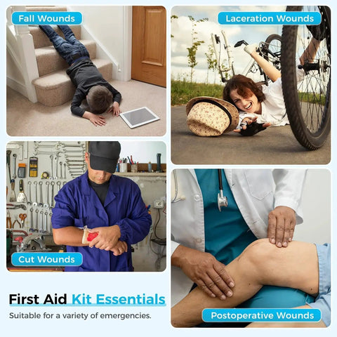 Image showing scenarios requiring an Emergency Wound Closure Kit 2 Pack With Medical Grade Adhesive Sutures Butterfly Bandages.