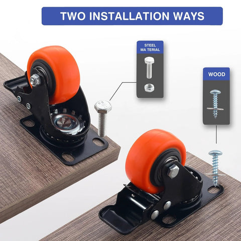 2 Inch Caster Wheels Set Of 4 With Brakes Heavy Duty Polyurethane Swivel Casters 360 Degree Plate Caster Wheels for installation on wood and steel.