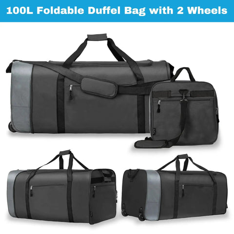 Foldable Rolling Duffel Bag With Wheels For Travel And Sports 100L Large Capacity Lightweight Duffel With 32 Inch Size And Removable Shoulder Strap Easy Fold For Storage Finnhomy 100L Foldable Travel Duffel Bag For Camping And Outdoors.