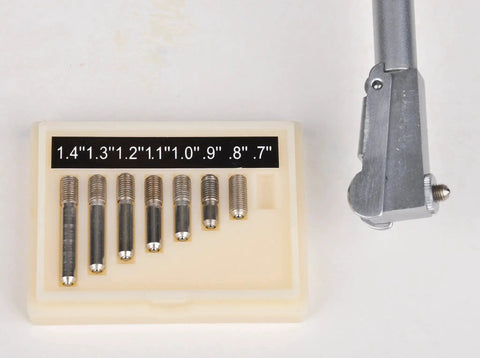 Dial Bore Gage Set With 0.7 To 1.5 Inch Range, 0.0005 Inch Dial Readout, 8 Inch Measuring Depth, Chrome Plated Handle, Carbide Tipped Anvils For Extended Wear And Precision Fowler Elite showing interchangeable carbide anvils and gauge assembly.