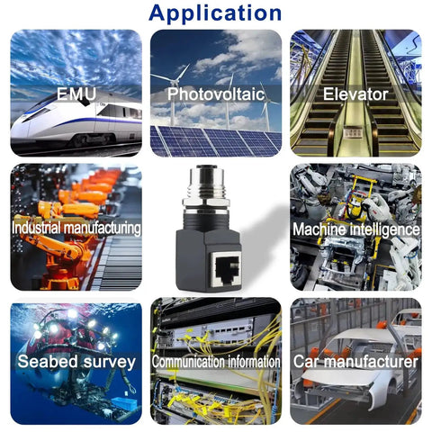 Applications of M12 To RJ45 X Code 8 Pin Shielded IP68 Industrial Ethernet Adapter for Basler Cognex Cameras in various industries.