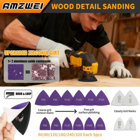 Person using oscillating tool for wood sanding with zirconia grit pads from Massive 190 Piece Oscillating Tool Blades Kit For Wood Metal Plastic Cutting With Titanium Coated Blades And Sandpaper Pack Quick Release Multi Tool Blades Set Compatible With Dewalt Ryobi Milwaukee Makita Rockwell Fein.