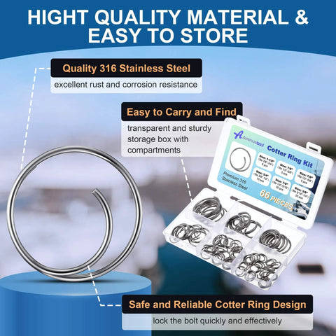 66 Piece Stainless Steel Cotter Ring Kit In 5 Sizes With 316 Grade Pins shown in storage box, highlighting rust resistance and durability.