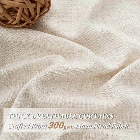Close-up of cream linen look curtains showcasing thick breathable 300gsm fabric texture.