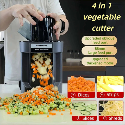 Killer All In One 4 In 1 Electric Vegetable Slicer And Chopper with diced and sliced vegetables, showing dual feed chutes.