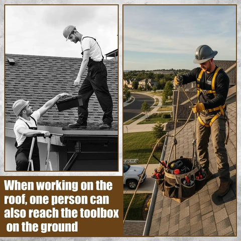 Technician using swivel anchor hook for HVAC roof work with toolbox and rope on a residential rooftop